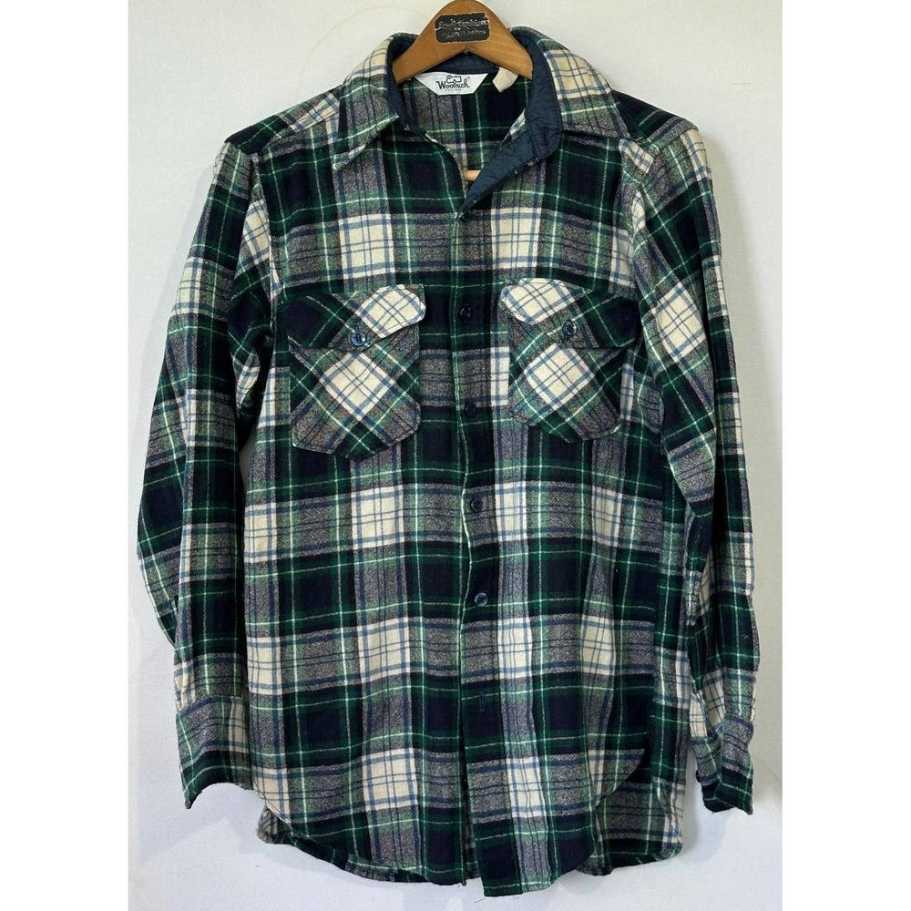 VTG Woolrich Flannel Shirt Plaid Retro Mens M Green Navy Excellent